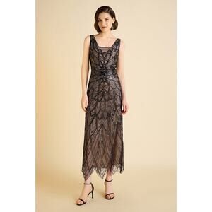 Symmetrical Floral Sequin Accents Plus Size 14 Dress black nude lining flapper